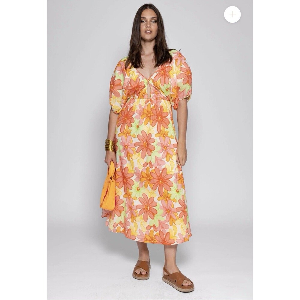 Sundress Revolve Polina Riviera V Plunge Orange Floral Midi Dress Size XL NWT